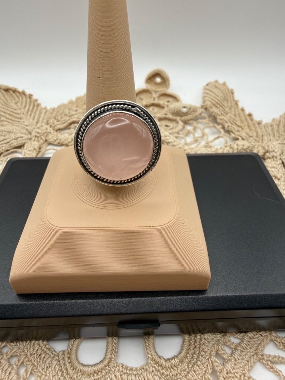 Artisan crafted Pink Rose Quartz Silver Plated Adj Statement Ring Boho gift